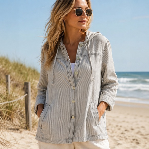 NorthStyle Jackets & Blazers - NorthStyle Womens Lightweight Cotton Jacket Sz M‎ Striped Hooded Beach Fisherman